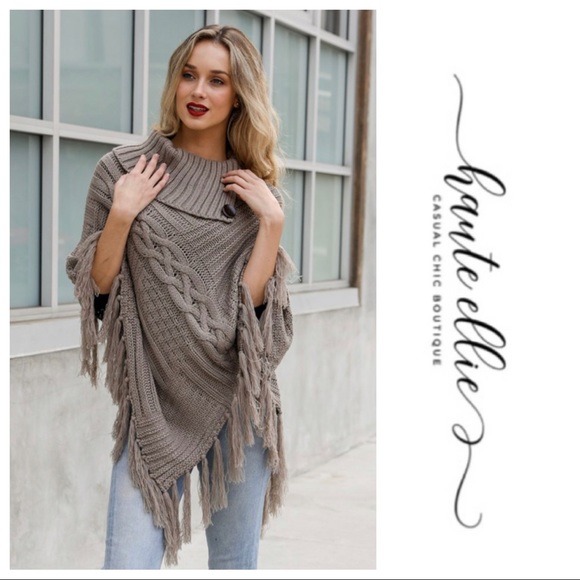 CONLEIGH-High Neck Fringe Sweater Poncho - Picture 7 of 7